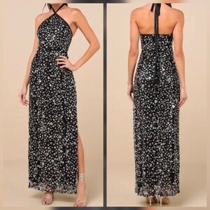 Lulus Edalene Black Mesh Sequin Beaded Halter Maxi Dress, XS